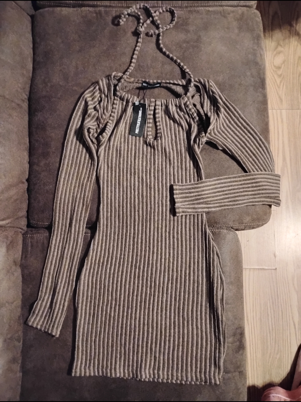 PrettyLittleThing Brown Ribbed Knit Dress with Braided Tie